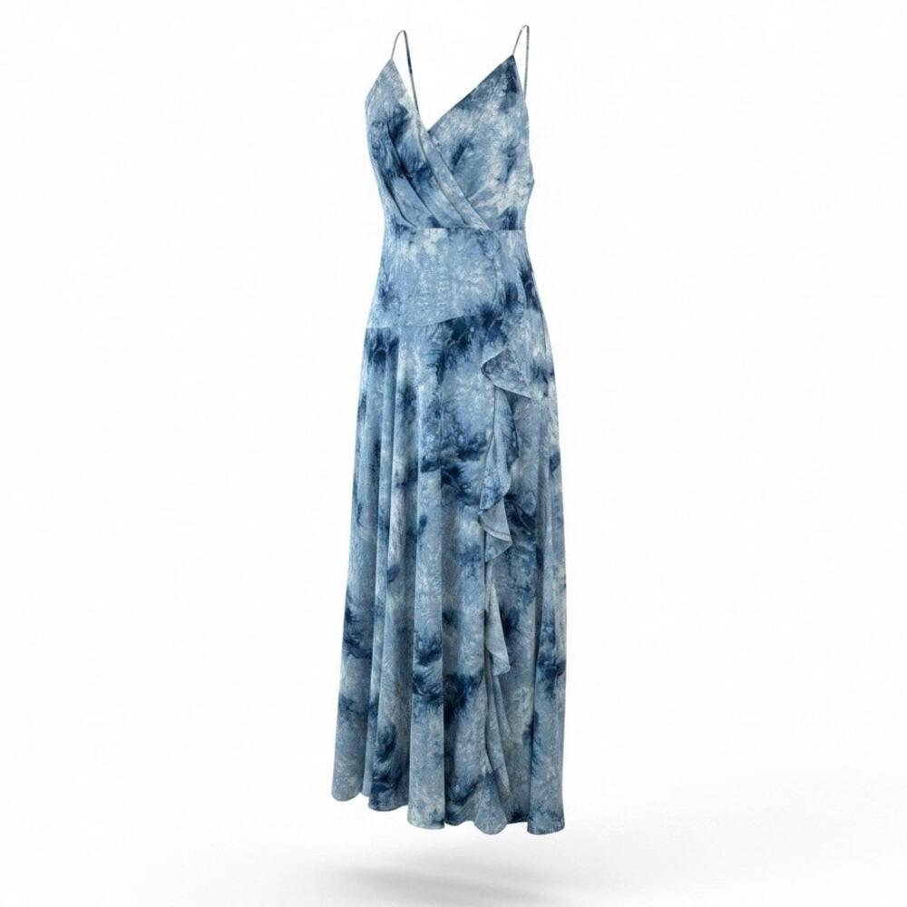 ASTR Anthropologie the Label Blue Tie Dye Faux Wrap Ruffle Maxi Dress Size M
